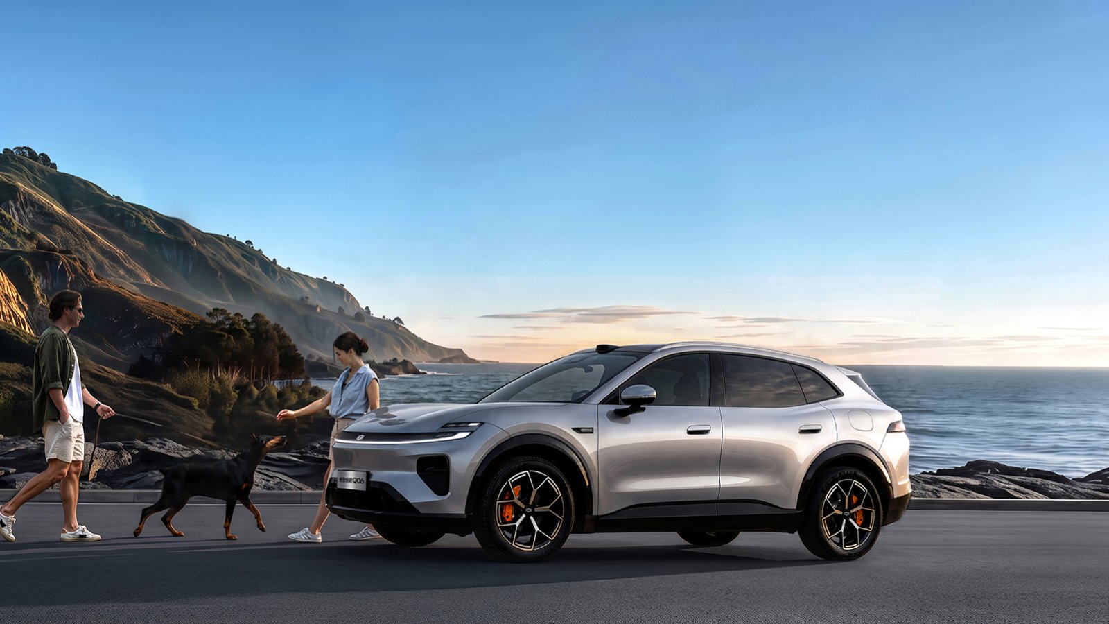 Silver Changan Nevo Q06 SUV parked beside a coastal road, with people and a dog nearby.