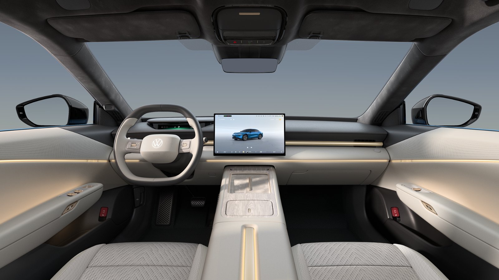 Volkswagen ID. UNYX 09 cockpit with a floating central touchscreen, a digital instrument cluster and a light-colored cen